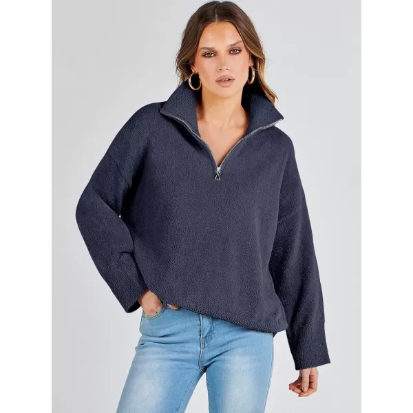 imageANRABESS Womens Half Zip V Neck Oversized Sweater Fall 2023 Fuzzy Knit Chunky Warm Pullover SweatersNavy Blue