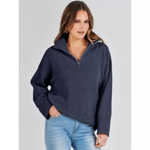 imageANRABESS Womens Half Zip V Neck Oversized Sweater Fall 2023 Fuzzy Knit Chunky Warm Pullover SweatersNavy Blue