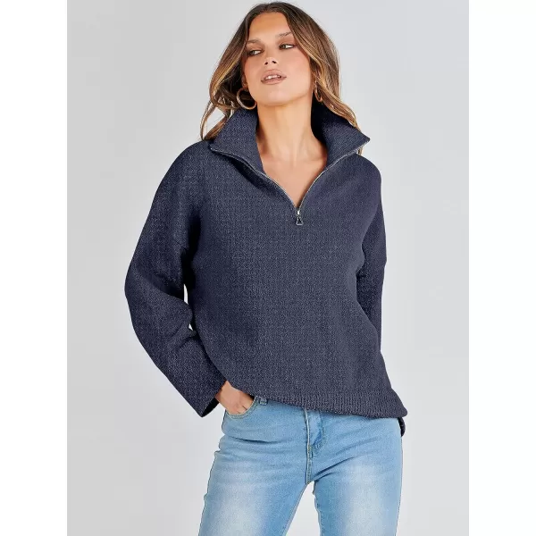 imageANRABESS Womens Half Zip V Neck Oversized Sweater Fall 2023 Fuzzy Knit Chunky Warm Pullover SweatersNavy Blue