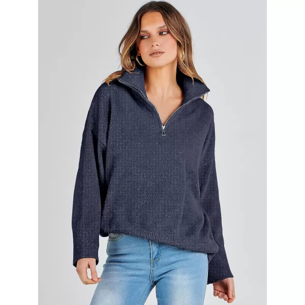 imageANRABESS Womens Half Zip V Neck Oversized Sweater Fall 2023 Fuzzy Knit Chunky Warm Pullover SweatersNavy Blue