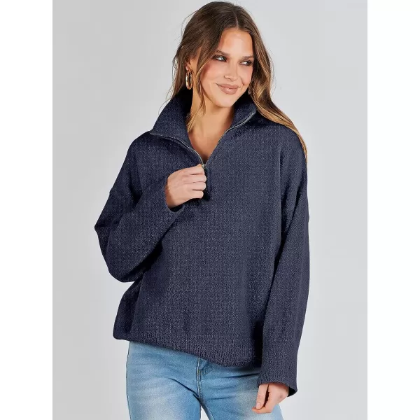 imageANRABESS Womens Half Zip V Neck Oversized Sweater Fall 2023 Fuzzy Knit Chunky Warm Pullover SweatersNavy Blue