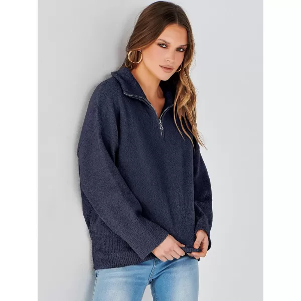 imageANRABESS Womens Half Zip V Neck Oversized Sweater Fall 2023 Fuzzy Knit Chunky Warm Pullover SweatersNavy Blue