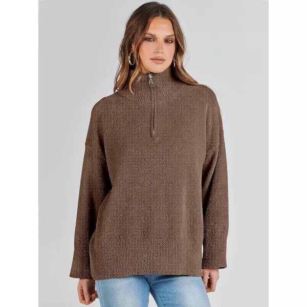 imageANRABESS Womens Half Zip V Neck Oversized Sweater Fall 2023 Fuzzy Knit Chunky Warm Pullover SweatersOffee