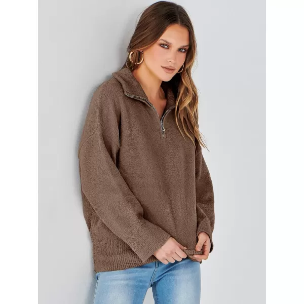imageANRABESS Womens Half Zip V Neck Oversized Sweater Fall 2023 Fuzzy Knit Chunky Warm Pullover SweatersOffee