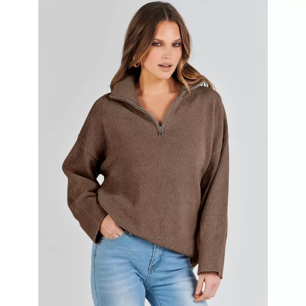 imageANRABESS Womens Half Zip V Neck Oversized Sweater Fall 2023 Fuzzy Knit Chunky Warm Pullover SweatersOffee
