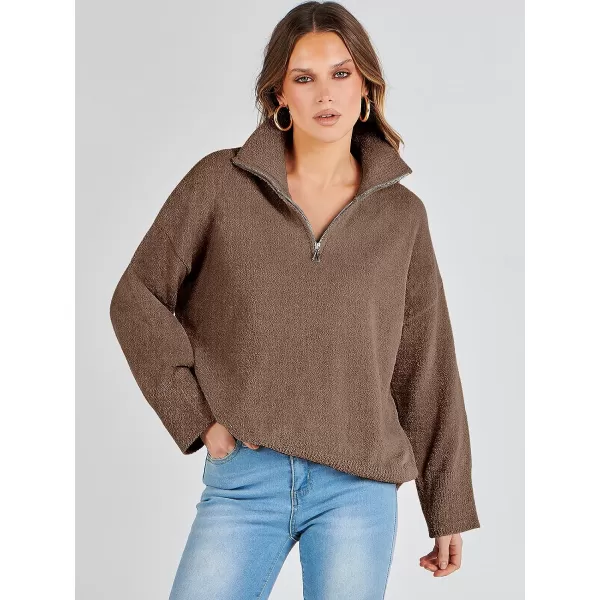 imageANRABESS Womens Half Zip V Neck Oversized Sweater Fall 2023 Fuzzy Knit Chunky Warm Pullover SweatersOffee