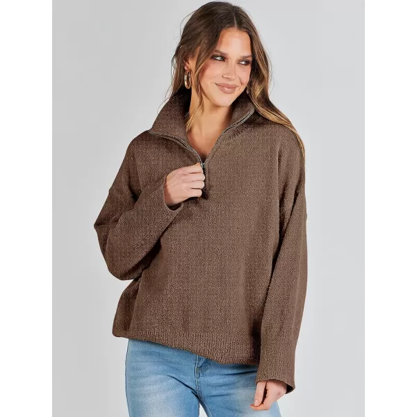imageANRABESS Womens Half Zip V Neck Oversized Sweater Fall 2023 Fuzzy Knit Chunky Warm Pullover SweatersOffee
