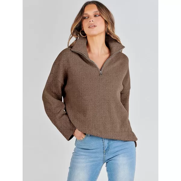 imageANRABESS Womens Half Zip V Neck Oversized Sweater Fall 2023 Fuzzy Knit Chunky Warm Pullover SweatersOffee