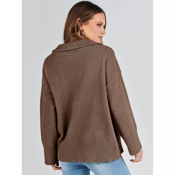 imageANRABESS Womens Half Zip V Neck Oversized Sweater Fall 2023 Fuzzy Knit Chunky Warm Pullover SweatersOffee