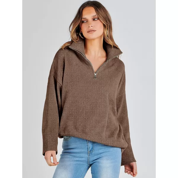 imageANRABESS Womens Half Zip V Neck Oversized Sweater Fall 2023 Fuzzy Knit Chunky Warm Pullover SweatersOffee