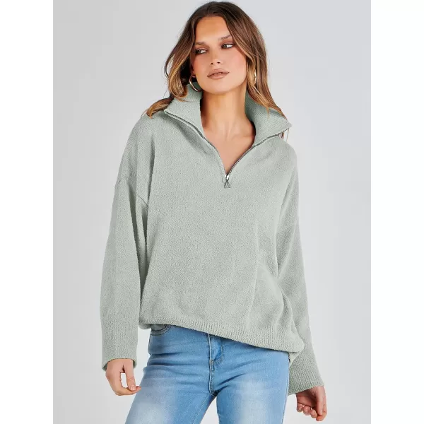 imageANRABESS Womens Half Zip V Neck Oversized Sweater Fall 2023 Fuzzy Knit Chunky Warm Pullover SweatersOlive