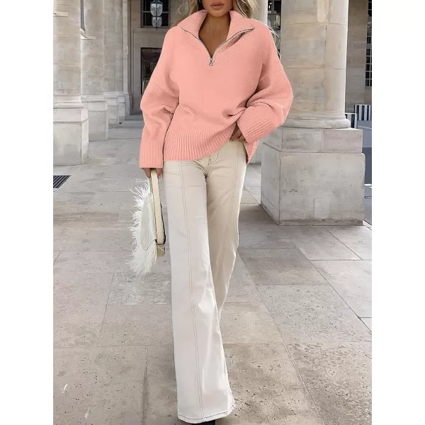 imageANRABESS Womens Half Zip V Neck Oversized Sweater Fall 2023 Fuzzy Knit Chunky Warm Pullover SweatersPink