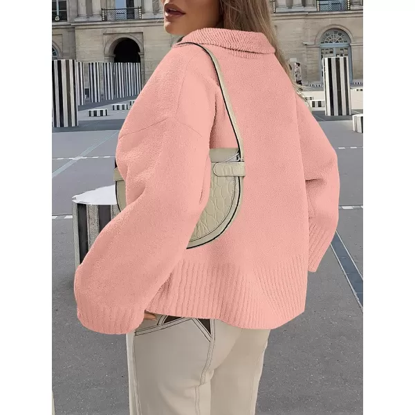 imageANRABESS Womens Half Zip V Neck Oversized Sweater Fall 2023 Fuzzy Knit Chunky Warm Pullover SweatersPink
