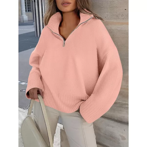imageANRABESS Womens Half Zip V Neck Oversized Sweater Fall 2023 Fuzzy Knit Chunky Warm Pullover SweatersPink