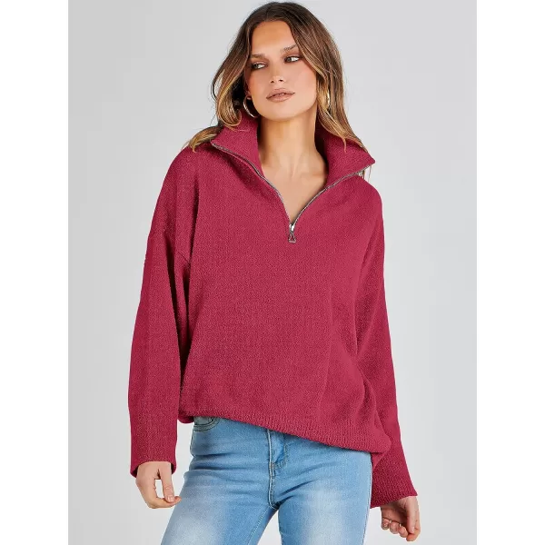imageANRABESS Womens Half Zip V Neck Oversized Sweater Fall 2023 Fuzzy Knit Chunky Warm Pullover SweatersRed