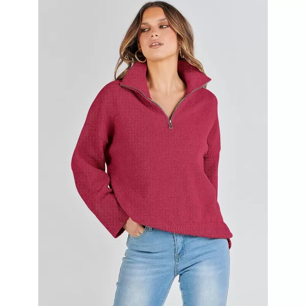 imageANRABESS Womens Half Zip V Neck Oversized Sweater Fall 2023 Fuzzy Knit Chunky Warm Pullover SweatersRed
