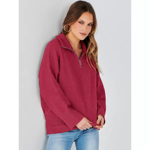 imageANRABESS Womens Half Zip V Neck Oversized Sweater Fall 2023 Fuzzy Knit Chunky Warm Pullover SweatersRed