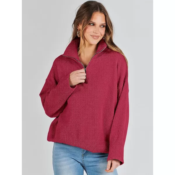 imageANRABESS Womens Half Zip V Neck Oversized Sweater Fall 2023 Fuzzy Knit Chunky Warm Pullover SweatersRed