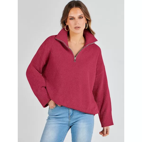 imageANRABESS Womens Half Zip V Neck Oversized Sweater Fall 2023 Fuzzy Knit Chunky Warm Pullover SweatersRed