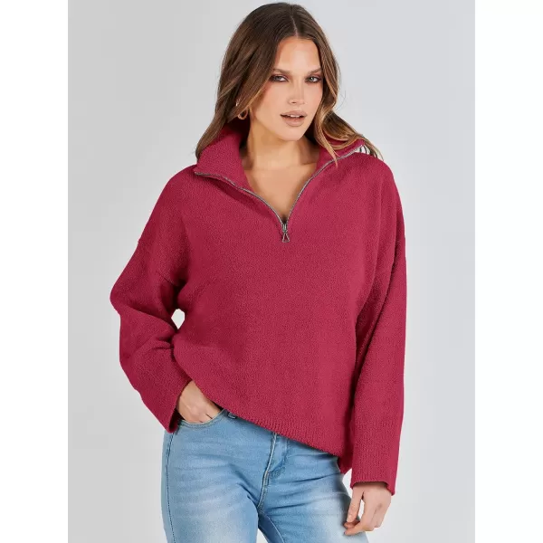 imageANRABESS Womens Half Zip V Neck Oversized Sweater Fall 2023 Fuzzy Knit Chunky Warm Pullover SweatersRed
