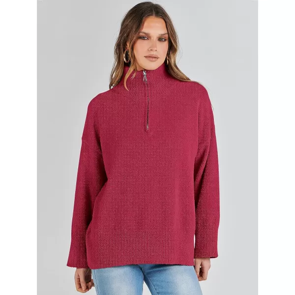 imageANRABESS Womens Half Zip V Neck Oversized Sweater Fall 2023 Fuzzy Knit Chunky Warm Pullover SweatersRed