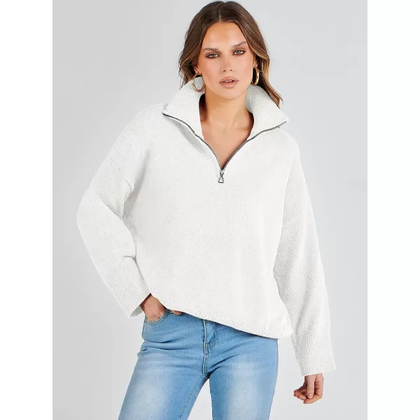imageANRABESS Womens Half Zip V Neck Oversized Sweater Fall 2023 Fuzzy Knit Chunky Warm Pullover SweatersWhite