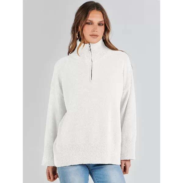 imageANRABESS Womens Half Zip V Neck Oversized Sweater Fall 2023 Fuzzy Knit Chunky Warm Pullover SweatersWhite