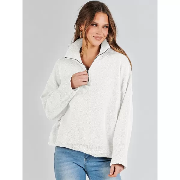 imageANRABESS Womens Half Zip V Neck Oversized Sweater Fall 2023 Fuzzy Knit Chunky Warm Pullover SweatersWhite