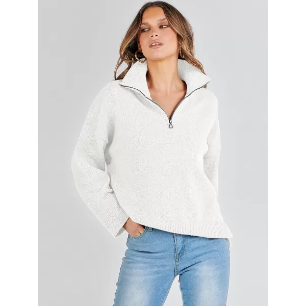 imageANRABESS Womens Half Zip V Neck Oversized Sweater Fall 2023 Fuzzy Knit Chunky Warm Pullover SweatersWhite