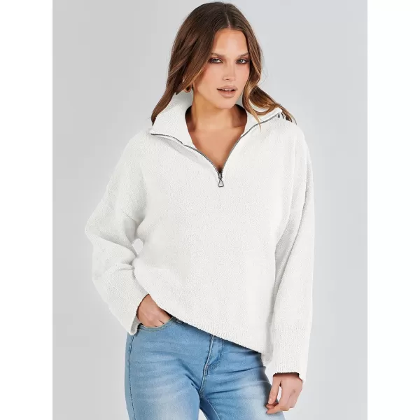 imageANRABESS Womens Half Zip V Neck Oversized Sweater Fall 2023 Fuzzy Knit Chunky Warm Pullover SweatersWhite