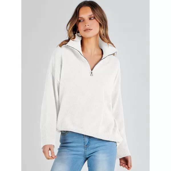 imageANRABESS Womens Half Zip V Neck Oversized Sweater Fall 2023 Fuzzy Knit Chunky Warm Pullover SweatersWhite