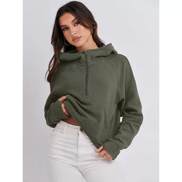 imageANRABESS Womens Hoodies Half Zip Long Sleeve Fleece Oversizd Crop Pullover Sweatshirts with Pockets Thumb HoleArmy Green