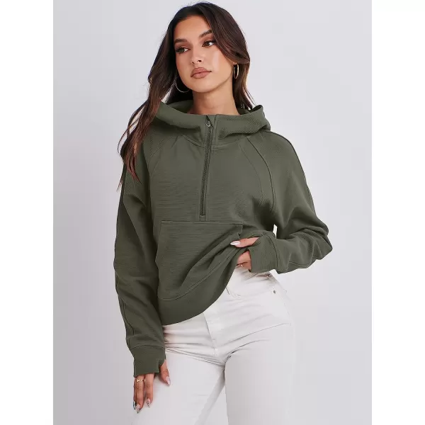 imageANRABESS Womens Hoodies Half Zip Long Sleeve Fleece Oversizd Crop Pullover Sweatshirts with Pockets Thumb HoleArmy Green