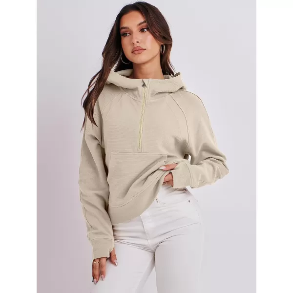 imageANRABESS Womens Hoodies Half Zip Long Sleeve Fleece Oversizd Crop Pullover Sweatshirts with Pockets Thumb HoleBeige