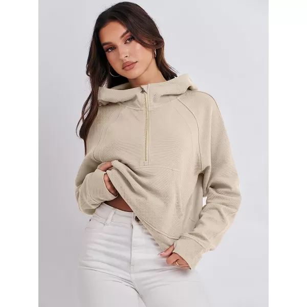 imageANRABESS Womens Hoodies Half Zip Long Sleeve Fleece Oversizd Crop Pullover Sweatshirts with Pockets Thumb HoleBeige