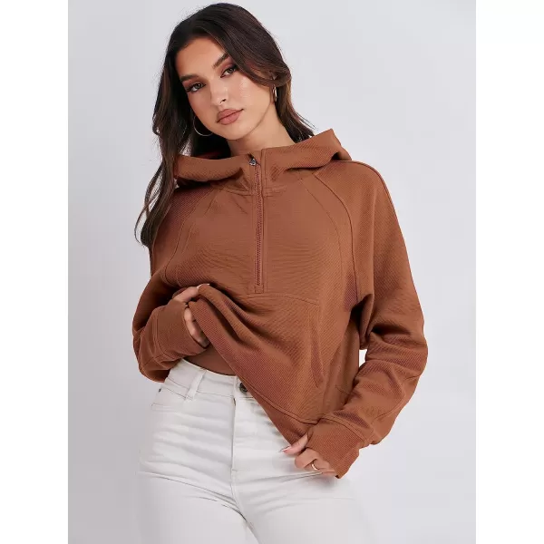 imageANRABESS Womens Hoodies Half Zip Long Sleeve Fleece Oversizd Crop Pullover Sweatshirts with Pockets Thumb HoleRust