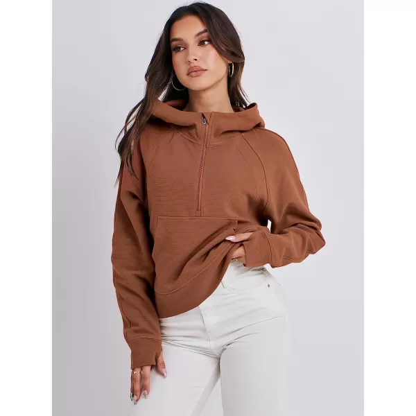 imageANRABESS Womens Hoodies Half Zip Long Sleeve Fleece Oversizd Crop Pullover Sweatshirts with Pockets Thumb HoleRust