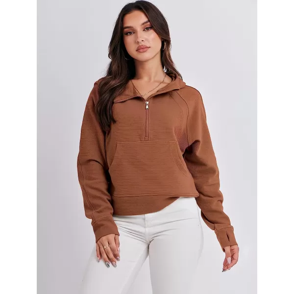 imageANRABESS Womens Hoodies Half Zip Long Sleeve Fleece Oversizd Crop Pullover Sweatshirts with Pockets Thumb HoleRust