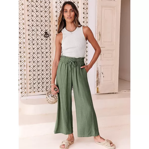 imageANRABESS Womens Linen Pants Casual Loose High Waist Drawstring Wide Leg Capri Palazzo Pants Trousers with PocketsArmy Green