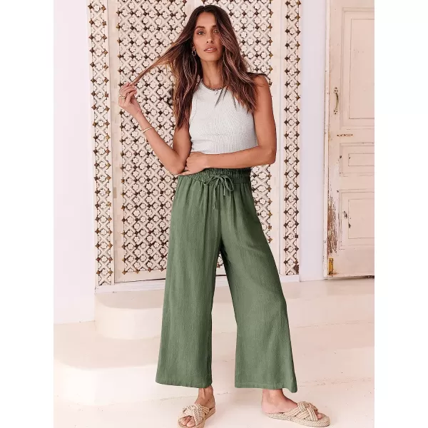 imageANRABESS Womens Linen Pants Casual Loose High Waist Drawstring Wide Leg Capri Palazzo Pants Trousers with PocketsArmy Green