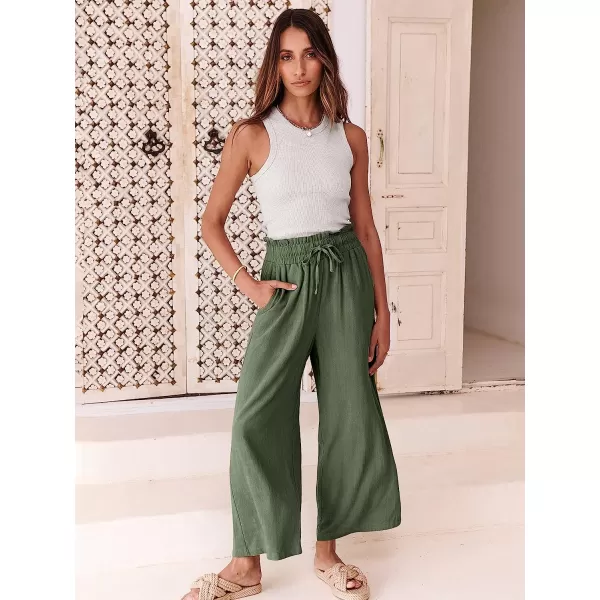 imageANRABESS Womens Linen Pants Casual Loose High Waist Drawstring Wide Leg Capri Palazzo Pants Trousers with PocketsArmy Green