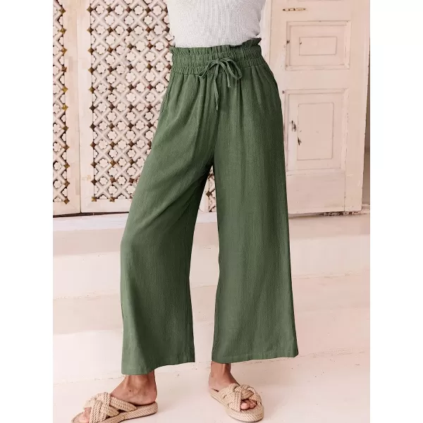 imageANRABESS Womens Linen Pants Casual Loose High Waist Drawstring Wide Leg Capri Palazzo Pants Trousers with PocketsArmy Green