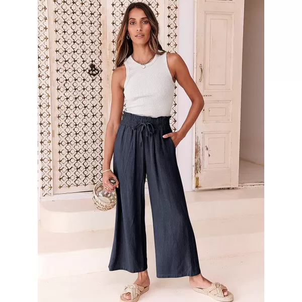 imageANRABESS Womens Linen Pants Casual Loose High Waist Drawstring Wide Leg Capri Palazzo Pants Trousers with PocketsNavy Blue
