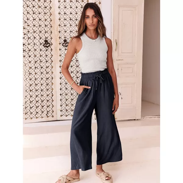 imageANRABESS Womens Linen Pants Casual Loose High Waist Drawstring Wide Leg Capri Palazzo Pants Trousers with PocketsNavy Blue