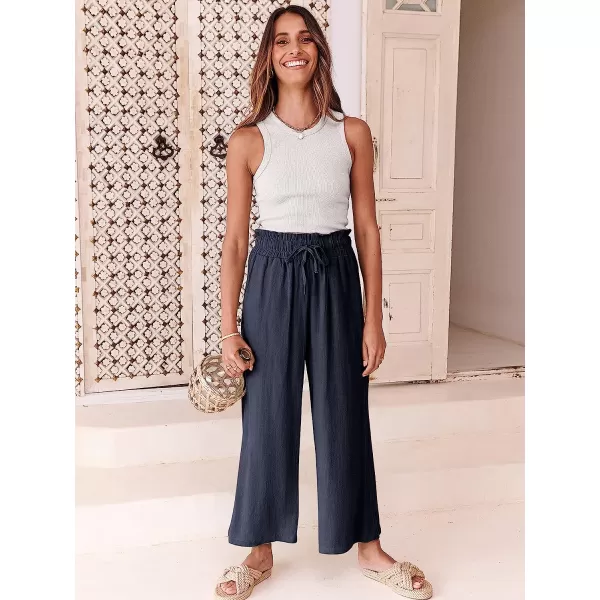imageANRABESS Womens Linen Pants Casual Loose High Waist Drawstring Wide Leg Capri Palazzo Pants Trousers with PocketsNavy Blue
