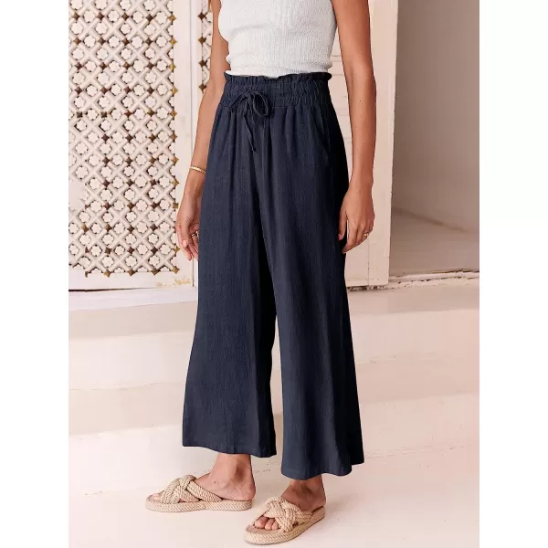 imageANRABESS Womens Linen Pants Casual Loose High Waist Drawstring Wide Leg Capri Palazzo Pants Trousers with PocketsNavy Blue