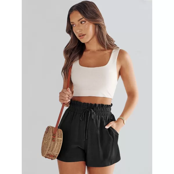 imageANRABESS Womens Linen Shorts Summer Casual High Waisted Drawstring Wide Leg Beach Lightweight Short with PocketsBlack