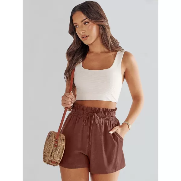 imageANRABESS Womens Linen Shorts Summer Casual High Waisted Drawstring Wide Leg Beach Lightweight Short with PocketsRed Brown
