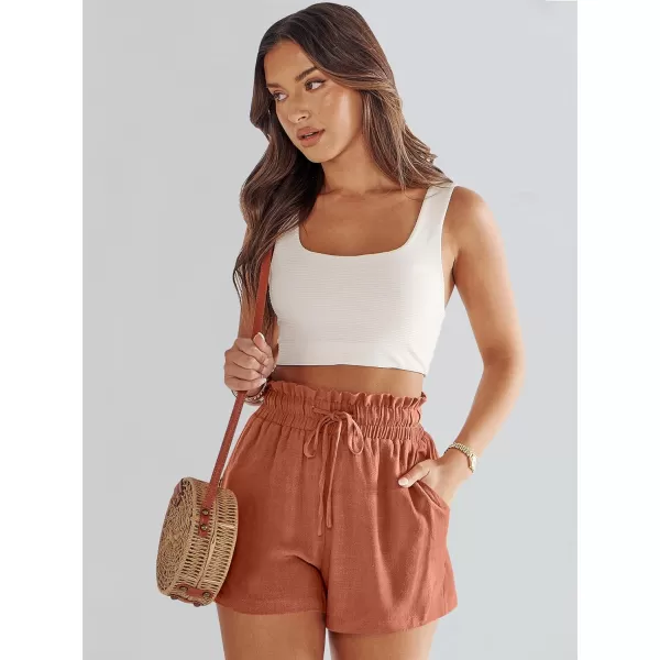 imageANRABESS Womens Linen Shorts Summer Casual High Waisted Drawstring Wide Leg Beach Lightweight Short with PocketsRust