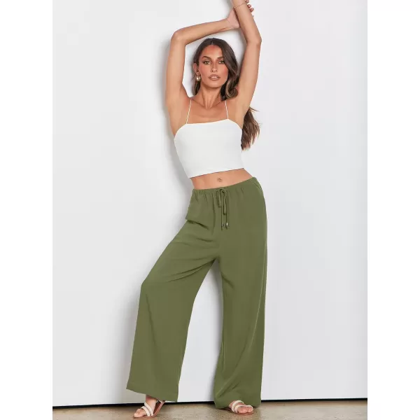 imageANRABESS Womens Linen Summer Palazzo Pants Flowy Wide Leg Beach Casual Pant Trousers with PocketsArmy Green
